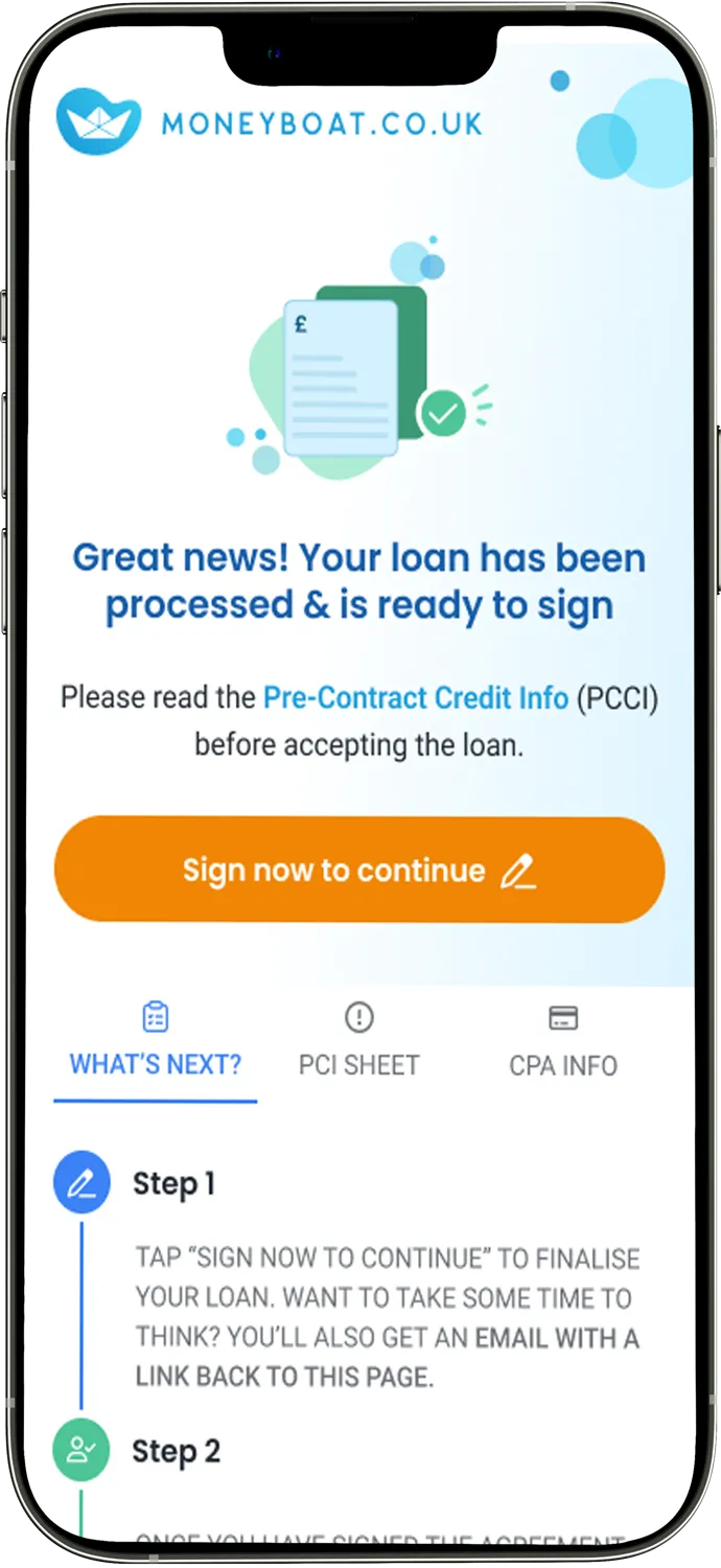 Moneyboat app showing loan ready to sign
